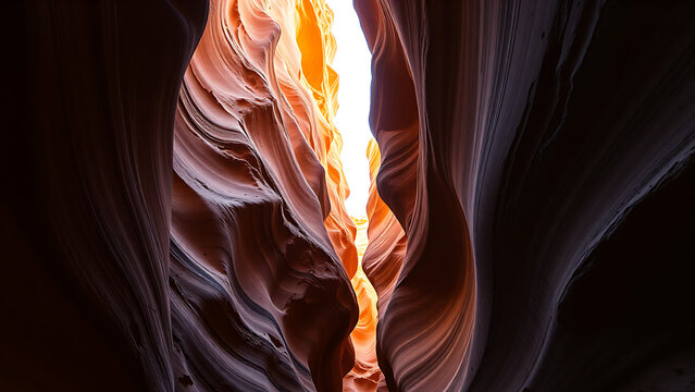 Mountain slot canyon (16:9), CC0, towering sandstone walls with striated patterns, narrow passage with sunlight filtering through.