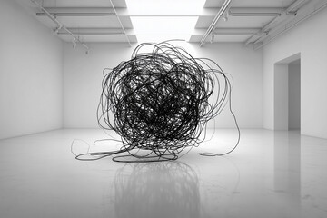 A massive, intricate tangle of black lines sits centrally in a minimalist white room, symbolizing complex problems, digital chaos, entangled data, or overwhelming confusion in modern systems


