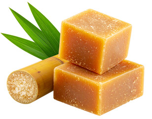  Solid Jaggery Blocks with Fresh Sugarcane Slice and Green Leaf &ndash; Transparent PNG