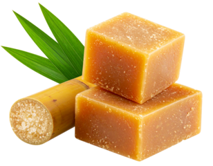  Solid Jaggery Blocks with Fresh Sugarcane Slice and Green Leaf – Transparent PNG