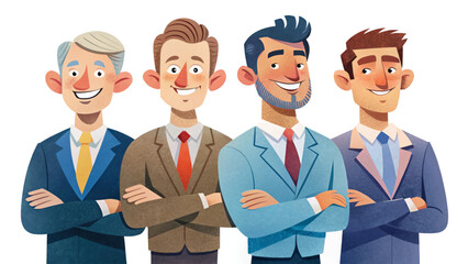 Vector of business man set professionals standing confidently with arms crossed and smiling. Formal attire, diverse characters, office theme, isolated on white background. Perfect for presentation