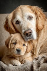 Adorable golden retriever mother and puppy cuddling together on soft blanket in cozy indoor setting, highlighting companionship and love