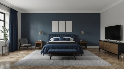 Sophisticated navy blue modern bedroom interior design; plush bed, herringbone floors, and flat-screen TV.