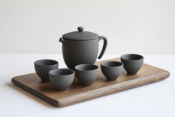 Charcoal grey stoneware tea set with clean silhouettes and flat lids, placed on a wooden board 