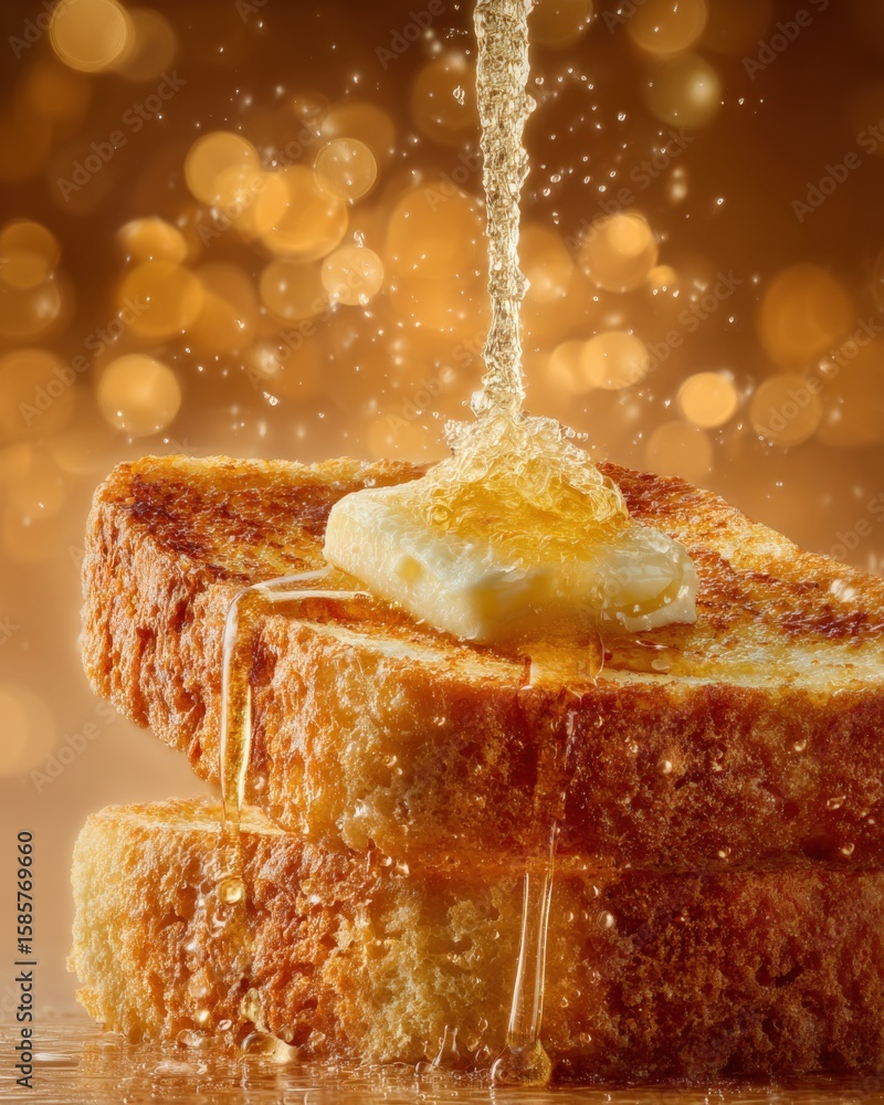 Poster toasted bread slices being drizzled with melting butter and honey with a golden bokeh background and