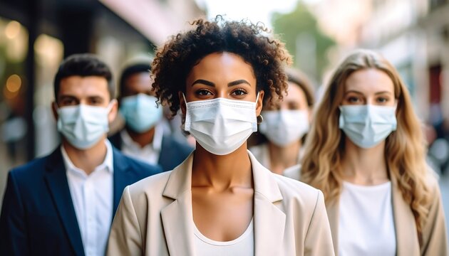 Diverse group wearing masks on city street