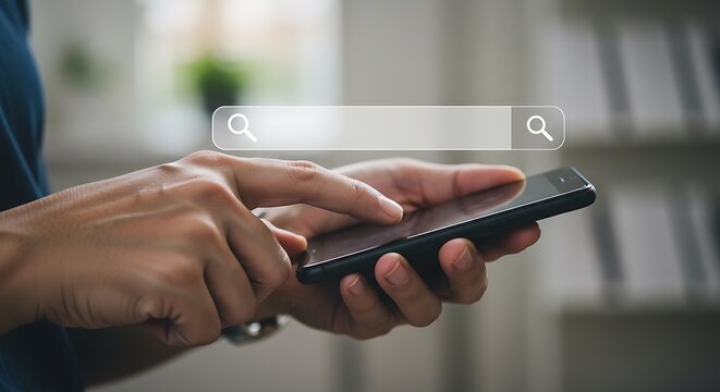 A person's hands holding a smartphone with a search bar overlayed on the screen, suggesting online searching.