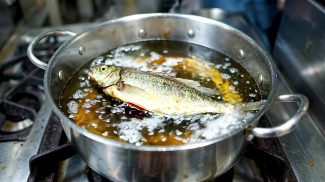 Pan-fried fish cooking ingredients in a pan Fried small fish cooking process