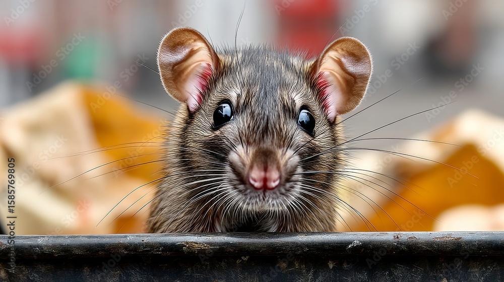 Poster small brown and gray mouse is looking at the camera. the mouse is in a trash can and he is curious a