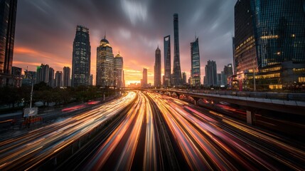 Fototapeta premium Vibrant urban cityscape at sunset with illuminated skyscrapers busy highway with light trails modern architecture and soa tall buildings skyline view
