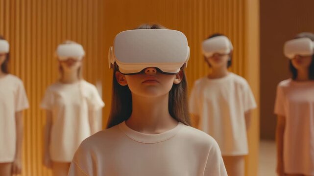 Elementary school students wearing virtual reality headsets are exploring virtual worlds during a futuristic immersive learning experience in the classroom