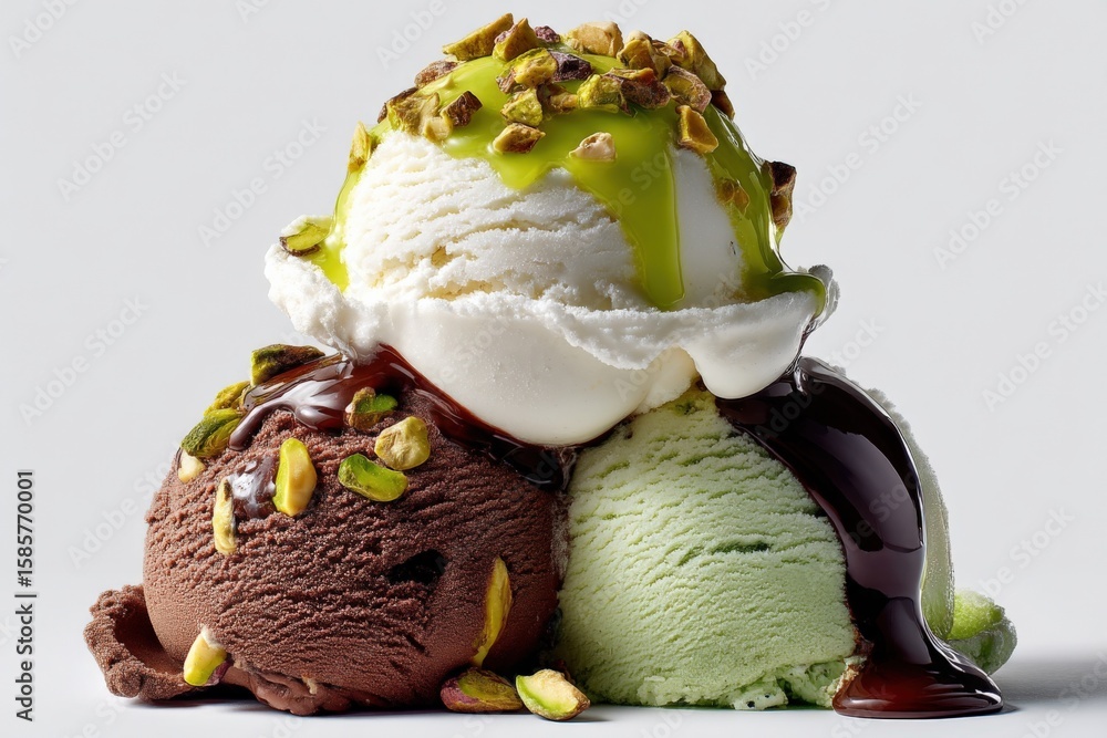 Poster assorted scoops of delicious ice cream with toppings and syrup on white background for dessert and f