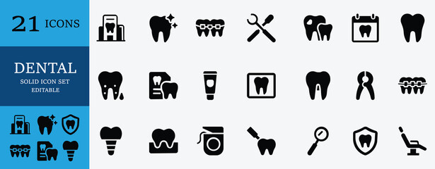 Dental icon set with teeth, braces, hygiene, treatment, dentist tools, and oral care symbols. Editable, vector, perfect for medical use