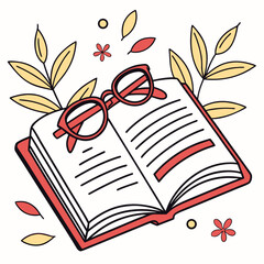 Open book with glasses surrounded by leaves and flowers in a creative style
