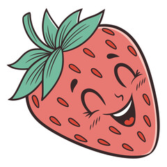 Happy cartoon strawberry with a smiling face and green leaves in a vibrant illustration style