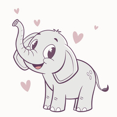 Cute smiling elephant with hearts in a playful style