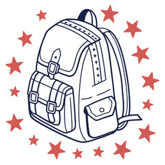Stylish cartoon backpack surrounded by stars in a playful design