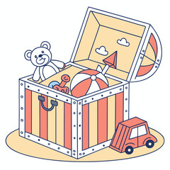 Colorful toy box filled with stuffed animals and a beach ball in a playful style