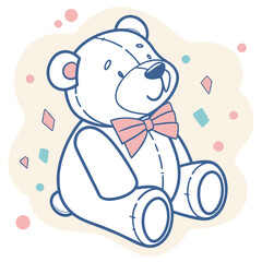 Cute cartoon teddy bear in a bow tie, sitting with colorful shapes in a playful style