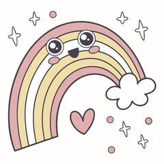 Cute cartoon rainbow with a smiling face and hearts in a playful style