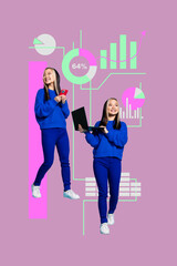 Exclusive pop artwork creative collage of happy businessman businesswoman partners stand diagram chart progress interface