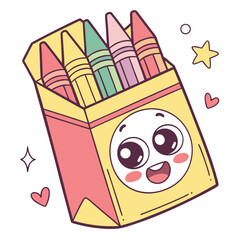 Cheerful cartoon crayon box with smiling crayons in a playful style