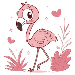 Cute cartoon flamingo with hearts in a playful style
