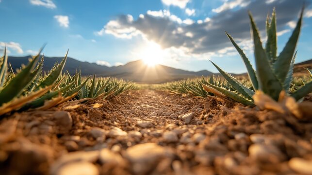 This stunning image captures a vast aloe vera field bathed in warm sunlight, framed by majestic mountains. The perspective highlights the rows of green aloe plants, emphasizing nature&rsquo;s beauty and th