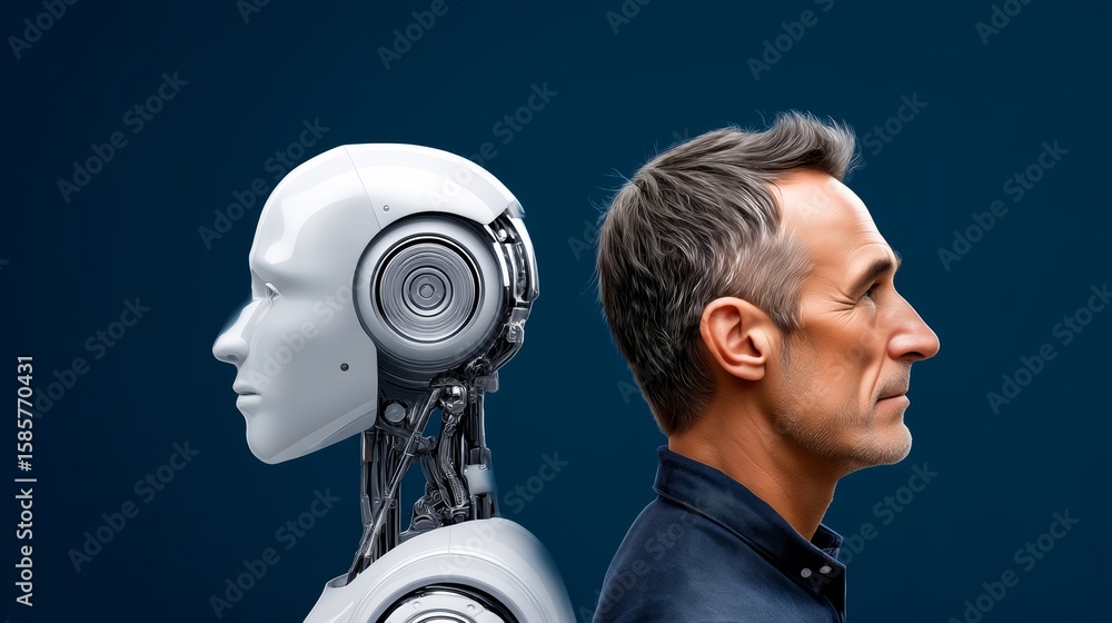 Aufkleber robot is standing next to a man. the robot is white and has a head. the man is balding and has a bea