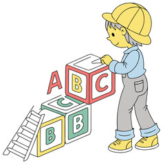 Little boy stacking colorful blocks with letters while wearing a hat in a playful illustration style