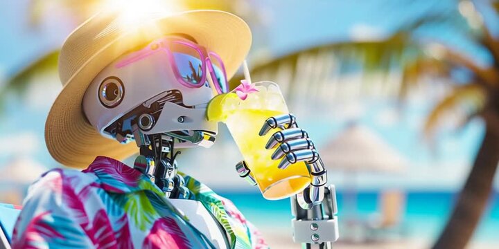 A robot sips a tropical cocktail on the beach during summer vacation
