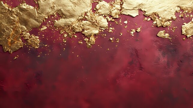 Luxurious burgundy red and gold abstract background with metallic texture effect. Rich wine-colored base with crackled gold leaf overlay creates elegant marble-like pattern.