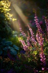 Naklejka premium Soft sunlight illuminating purple wildflowers nestled among verdant garden greenery, radiating peaceful botanical tranquility