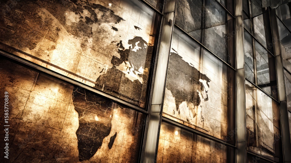 Poster close-up abstract view of a modern glass building facade with grunge-style world map reflection on w