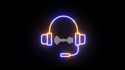 Gloqing neon music audio waveform spectrum with microphone sign. audio visualizer beat sound frequency on black background.