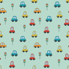 Kids pattern with cars. Cartoon cars seamless. Repeating pattern for boys. Children's cartoon background