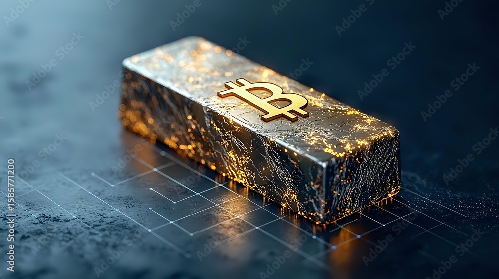 Poster golden bitcoin symbol on textured metallic bar against dark background with glowing grid pattern ben