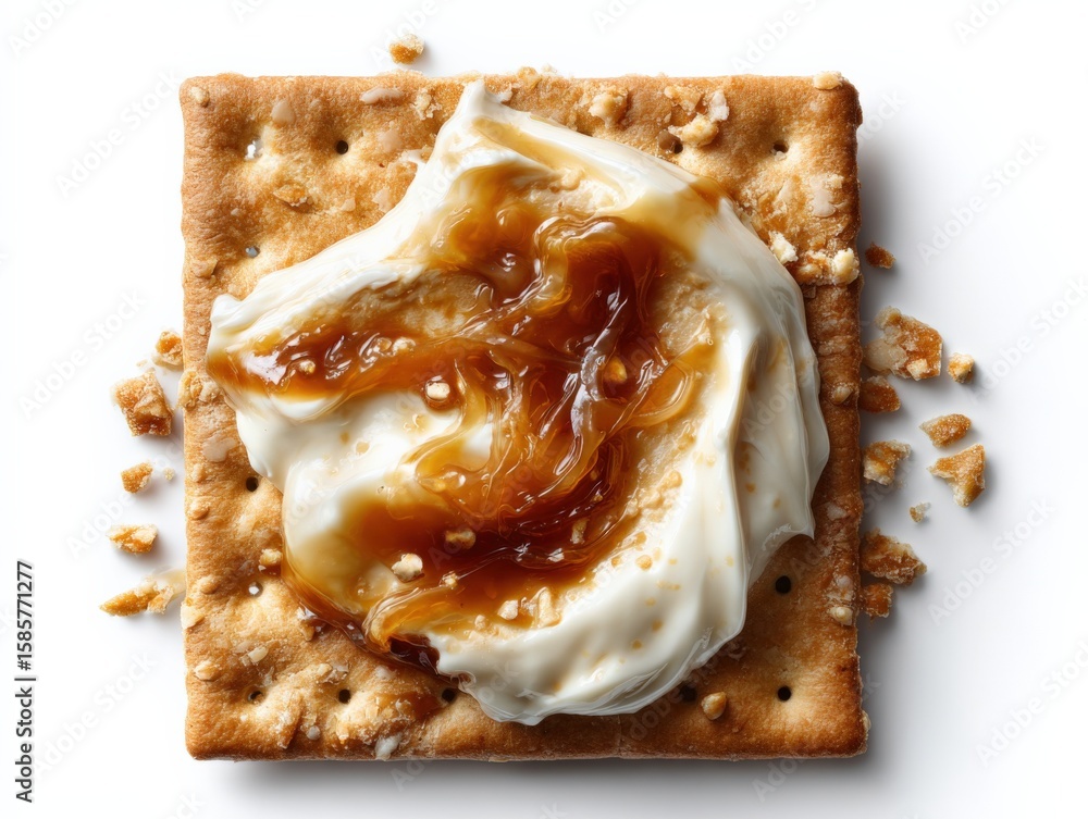 Poster close-up of a crunchy square cracker topped with creamy yogurt and glossy caramel spread on a white 