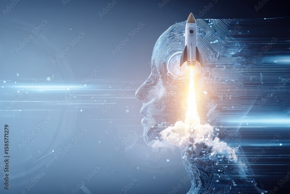 Poster futuristic digital brain profile with rocket launch symbolizing innovation and technological advance