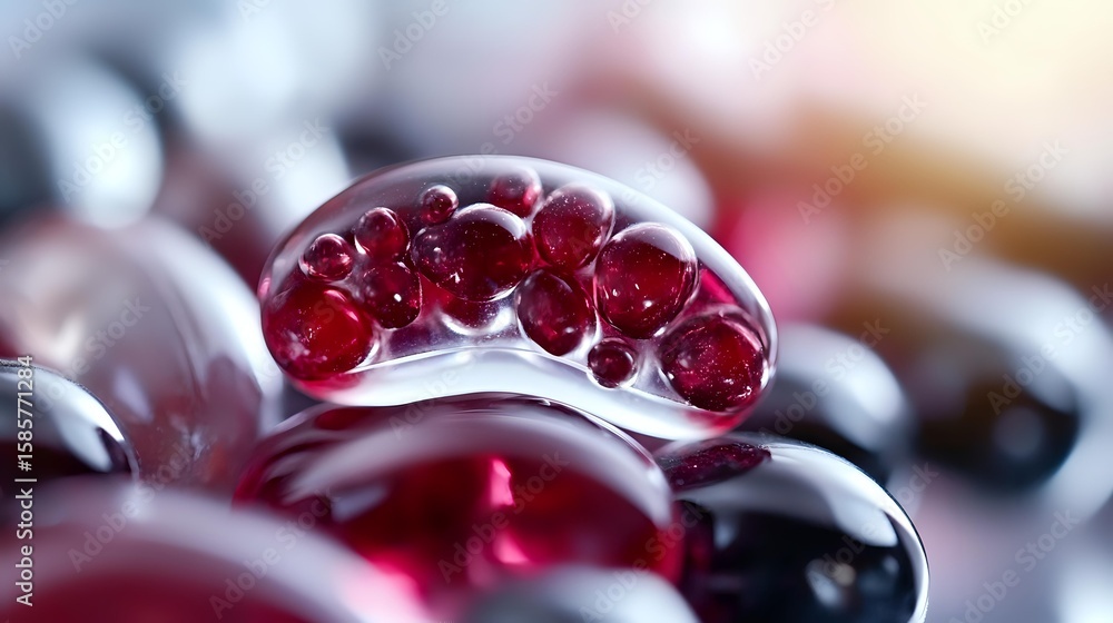 Poster macro shot of red translucent spheres arranged in curved glass or plastic container, creating abstra