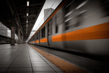 Obraz premium Modern urban train moving quickly inside underground station with blurred motion and architectural details in a contemporary transit system