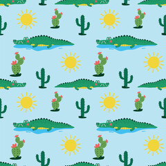 Seamless pattern with crocodile. Repeating cartoon pattern. Summer endless pattern. Seamless pattern with cartoon crocodiles and cacti