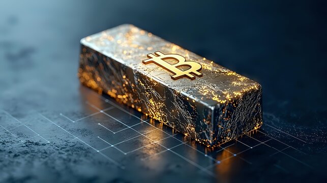 Golden bitcoin symbol on textured metallic bar against dark background with glowing grid pattern beneath, representing cryptocurrency and digital wealth concept.