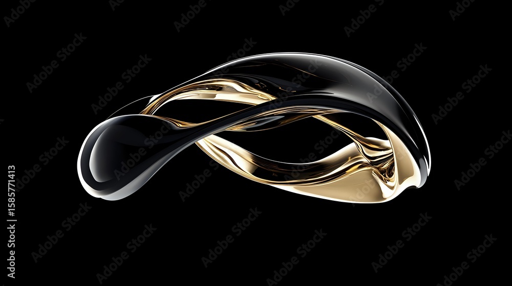 Poster elegant abstract shape combining glossy black and metallic gold surfaces in fluid, wave-like motion 