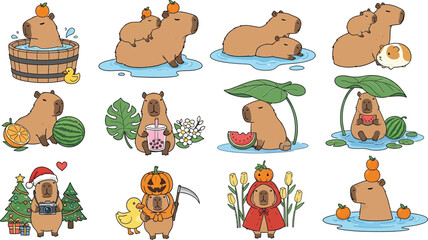 Adorable capybaras depicted in various playful and seasonal cartoon scenes