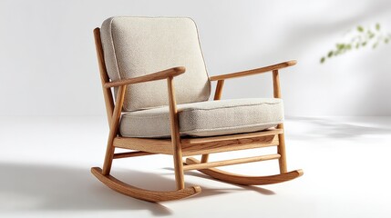Modern Scandinavian Wooden Rocking Chair with Comfortable Cushioned Seat and Armrests in Bright Minimalist Room Decor