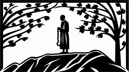 A family planting a tree together under radiating sunbeams in a black and white silhouette design