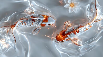 Glowing orange and white koi fish swimming in ethereal water with lotus flowers, artistic digital illustration with luminous effects and flowing movement.