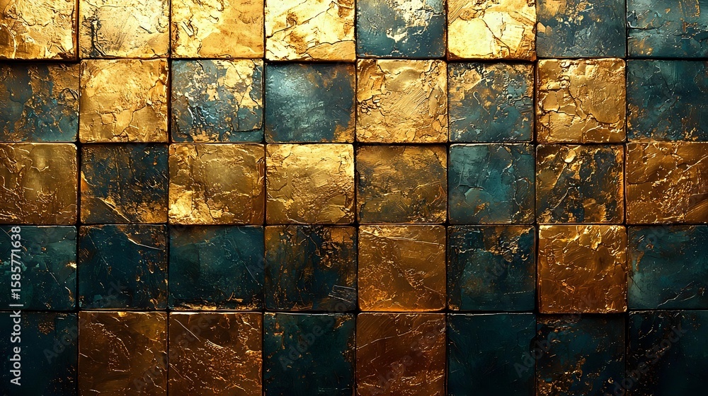 Poster textured metallic squares in gold and teal create dramatic mosaic pattern with light reflection. abs