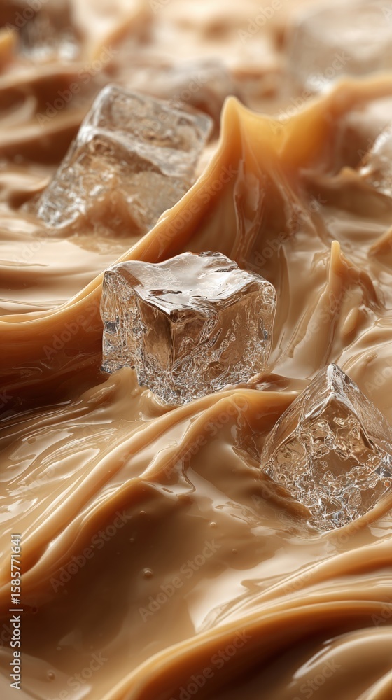 Poster close-up of creamy caramel caramel sauce with ice cubes melting creating a smooth glossy texture and